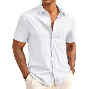 image:imageRuncati Mens Button Down Shirts Short Sleeve Casual Dress Shirt Summer Untucked Shirts with PocketWhite