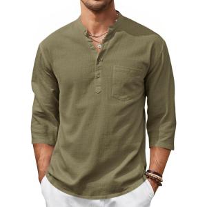 image:imageRuncati Mens Casual Henley Shirts 34 Sleeve Band Collar Cotton Linen Shirt Summer Beach Hippie TShirts with PocketArmy Green