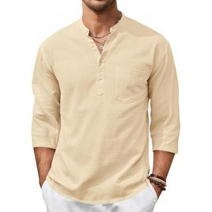 image:imageRuncati Mens Casual Henley Shirts 34 Sleeve Band Collar Cotton Linen Shirt Summer Beach Hippie TShirts with PocketBeige