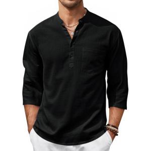 image:imageRuncati Mens Casual Henley Shirts 34 Sleeve Band Collar Cotton Linen Shirt Summer Beach Hippie TShirts with PocketBlack