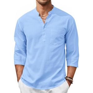image:imageRuncati Mens Casual Henley Shirts 34 Sleeve Band Collar Cotton Linen Shirt Summer Beach Hippie TShirts with PocketBlue
