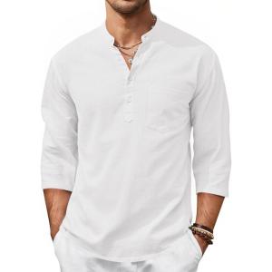 image:imageRuncati Mens Casual Henley Shirts 34 Sleeve Band Collar Cotton Linen Shirt Summer Beach Hippie TShirts with PocketWhite