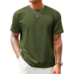 image:imageRuncati Mens Casual TShirts Short Sleeve Crewneck Summer Stretchy Shirt Textured Jacquard TopsArmy Green