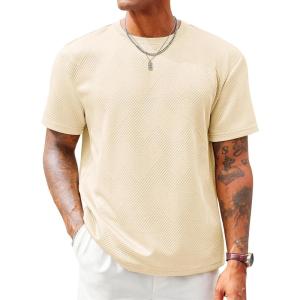 image:imageRuncati Mens Casual TShirts Short Sleeve Crewneck Summer Stretchy Shirt Textured Jacquard TopsBeige