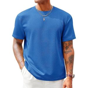 image:imageRuncati Mens Casual TShirts Short Sleeve Crewneck Summer Stretchy Shirt Textured Jacquard TopsBlue