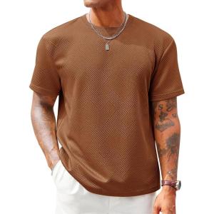 image:imageRuncati Mens Casual TShirts Short Sleeve Crewneck Summer Stretchy Shirt Textured Jacquard TopsBrown