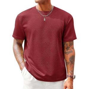 image:imageRuncati Mens Casual TShirts Short Sleeve Crewneck Summer Stretchy Shirt Textured Jacquard TopsBurgundy