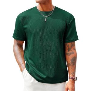 image:imageRuncati Mens Casual TShirts Short Sleeve Crewneck Summer Stretchy Shirt Textured Jacquard TopsDark Green