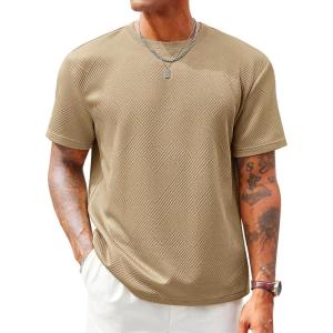 image:imageRuncati Mens Casual TShirts Short Sleeve Crewneck Summer Stretchy Shirt Textured Jacquard TopsKhaki