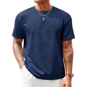 image:imageRuncati Mens Casual TShirts Short Sleeve Crewneck Summer Stretchy Shirt Textured Jacquard TopsNavy