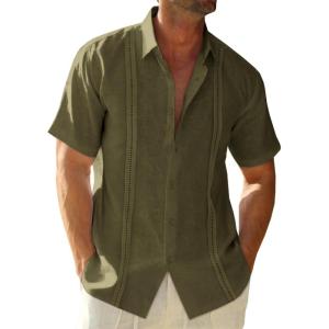 image:imageRuncati Mens Linen Cuban Guayabera Shirts Button Down Short Sleeve Shirt Cotton Hippie Summer Beach Vacation ShirtsArmy Green