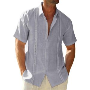 image:imageRuncati Mens Linen Cuban Guayabera Shirts Button Down Short Sleeve Shirt Cotton Hippie Summer Beach Vacation ShirtsGrey