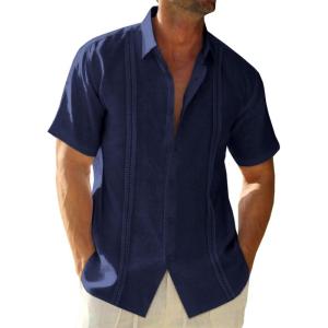 image:imageRuncati Mens Linen Cuban Guayabera Shirts Button Down Short Sleeve Shirt Cotton Hippie Summer Beach Vacation ShirtsNavy