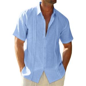 image:imageRuncati Mens Linen Cuban Guayabera Shirts Button Down Short Sleeve Shirt Cotton Hippie Summer Beach Vacation ShirtsSky Blue