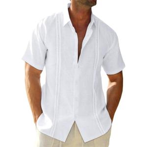 image:imageRuncati Mens Linen Cuban Guayabera Shirts Button Down Short Sleeve Shirt Cotton Hippie Summer Beach Vacation ShirtsWhite