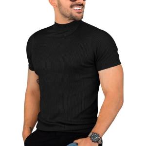 image:imageMens Casual Slim Fit Basic Tops Short Sleeve Shirt Turtleneck T Shirts Rib Knitted Stretch Pullover Sweater01 Black