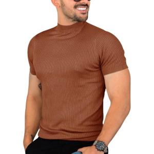 image:imageMens Casual Slim Fit Basic Tops Short Sleeve Shirt Turtleneck T Shirts Rib Knitted Stretch Pullover Sweater01 Brown