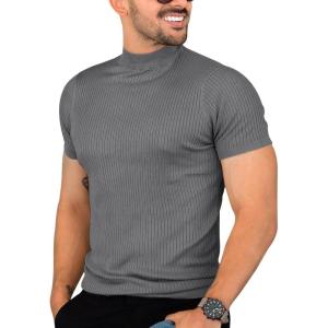 image:imageMens Casual Slim Fit Basic Tops Short Sleeve Shirt Turtleneck T Shirts Rib Knitted Stretch Pullover Sweater01 Gray
