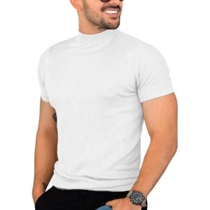 image:imageMens Casual Slim Fit Basic Tops Short Sleeve Shirt Turtleneck T Shirts Rib Knitted Stretch Pullover Sweater01 White