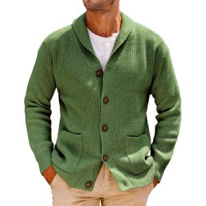 image:imageRuncati Mens Shawl Collar Cardigan Sweater Cable Knit Button Down Winter Chunky Sweaters with PocketsArmy Green