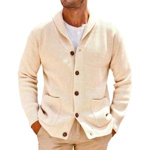 image:imageRuncati Mens Shawl Collar Cardigan Sweater Cable Knit Button Down Winter Chunky Sweaters with PocketsBeige