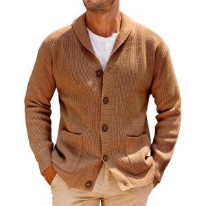 image:imageRuncati Mens Shawl Collar Cardigan Sweater Cable Knit Button Down Winter Chunky Sweaters with PocketsBrown