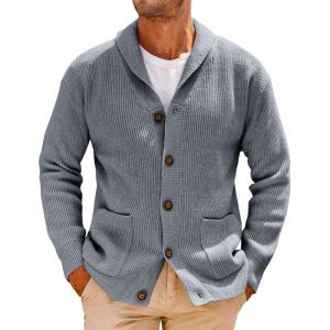 image:imageRuncati Mens Shawl Collar Cardigan Sweater Cable Knit Button Down Winter Chunky Sweaters with PocketsGray