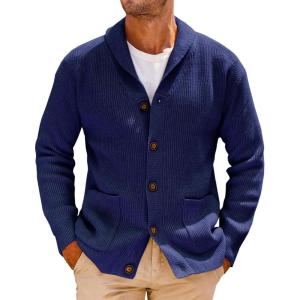 image:imageRuncati Mens Shawl Collar Cardigan Sweater Cable Knit Button Down Winter Chunky Sweaters with PocketsNavy