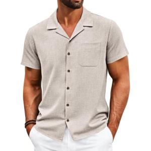 image:imageRuncati Mens Button Down Shirt Short Sleeve Cuban Casual Shirts Summer Beach Vacation Wedding Tops with PocketApricot