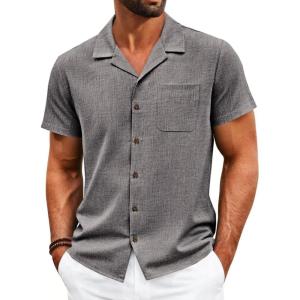 image:imageRuncati Mens Button Down Shirt Short Sleeve Cuban Casual Shirts Summer Beach Vacation Wedding Tops with PocketDark Gray