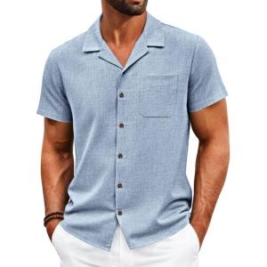 image:imageRuncati Mens Button Down Shirt Short Sleeve Cuban Casual Shirts Summer Beach Vacation Wedding Tops with PocketLight Blue