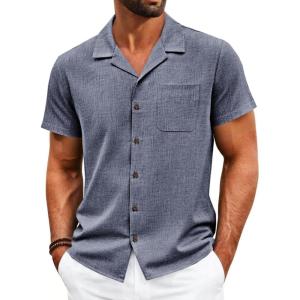 image:imageRuncati Mens Button Down Shirt Short Sleeve Cuban Casual Shirts Summer Beach Vacation Wedding Tops with PocketNavy