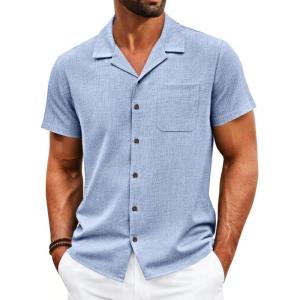 image:imageRuncati Mens Button Down Shirt Short Sleeve Cuban Casual Shirts Summer Beach Vacation Wedding Tops with PocketSky Blue