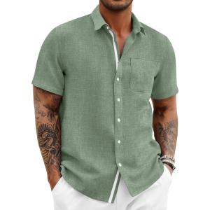 image:imageRuncati Mens Linen Button Down Shirts Casual Short Sleeve Shirt Summer Beach Wedding Tops with PocketArmy Green