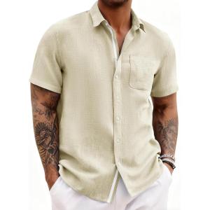 image:imageRuncati Mens Linen Button Down Shirts Casual Short Sleeve Shirt Summer Beach Wedding Tops with PocketBeige