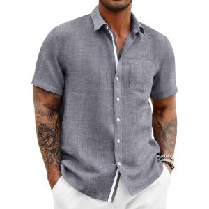 image:imageRuncati Mens Linen Button Down Shirts Casual Short Sleeve Shirt Summer Beach Wedding Tops with PocketGrey