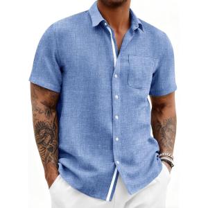 image:imageRuncati Mens Linen Button Down Shirts Casual Short Sleeve Shirt Summer Beach Wedding Tops with PocketJean Blue