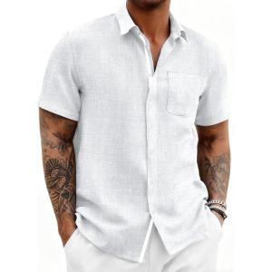 image:imageRuncati Mens Linen Button Down Shirts Casual Short Sleeve Shirt Summer Beach Wedding Tops with PocketWhite