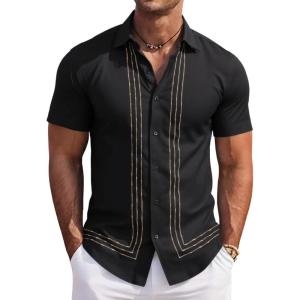 image:imageRuncati Mens Cuban Guayabera Shirt Short Sleeve Button Down Shirts Casual Linen Summer Beach Vacation TopsBlack