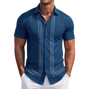 image:imageRuncati Mens Cuban Guayabera Shirt Short Sleeve Button Down Shirts Casual Linen Summer Beach Vacation TopsDark Blue