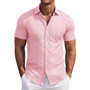 image:imageRuncati Mens Cuban Guayabera Shirt Short Sleeve Button Down Shirts Casual Linen Summer Beach Vacation TopsPink