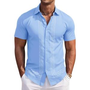image:imageRuncati Mens Cuban Guayabera Shirt Short Sleeve Button Down Shirts Casual Linen Summer Beach Vacation TopsSky Blue