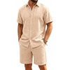 image:imageRuncati Mens Short Sleeve 2 Piece Sets Button Down Casual Summer Beach Vacation Linen Shirt and Shorts OutfitLight Khaki