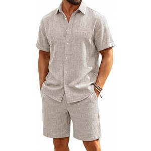 image:imageRuncati Mens Short Sleeve 2 Piece Sets Button Down Casual Summer Beach Vacation Linen Shirt and Shorts OutfitApricot