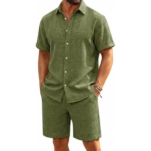 image:imageRuncati Mens Short Sleeve 2 Piece Sets Button Down Casual Summer Beach Vacation Linen Shirt and Shorts OutfitArmy Green
