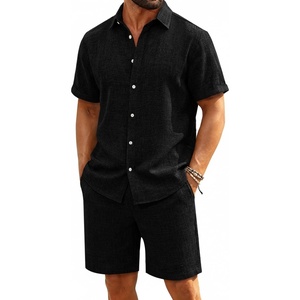 image:imageRuncati Mens Short Sleeve 2 Piece Sets Button Down Casual Summer Beach Vacation Linen Shirt and Shorts OutfitBlack