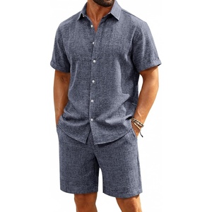 image:imageRuncati Mens Short Sleeve 2 Piece Sets Button Down Casual Summer Beach Vacation Linen Shirt and Shorts OutfitNavy