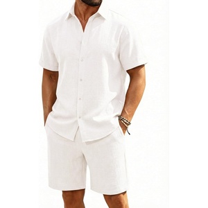 image:imageRuncati Mens Short Sleeve 2 Piece Sets Button Down Casual Summer Beach Vacation Linen Shirt and Shorts OutfitWhite