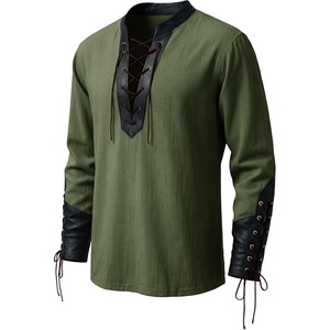 image:imageRuncati Mens Medieval Pirate Shirt Retro Lace Up Viking Renaissance Shirts Cotton Halloween Costume Faux Leather TopsArmy Green