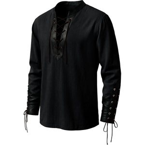 image:imageRuncati Mens Medieval Pirate Shirt Retro Lace Up Viking Renaissance Shirts Cotton Halloween Costume Faux Leather TopsBlack
